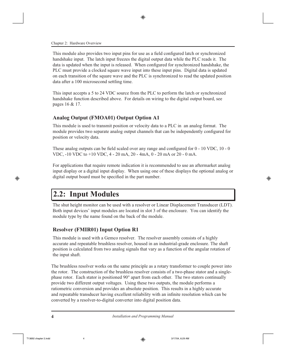 Input modules, Analog output (fmoa01) output option a1, Resolver (fmir01) input option r1 | AMETEK 2110 Shut Height Monitor User Manual | Page 8 / 59