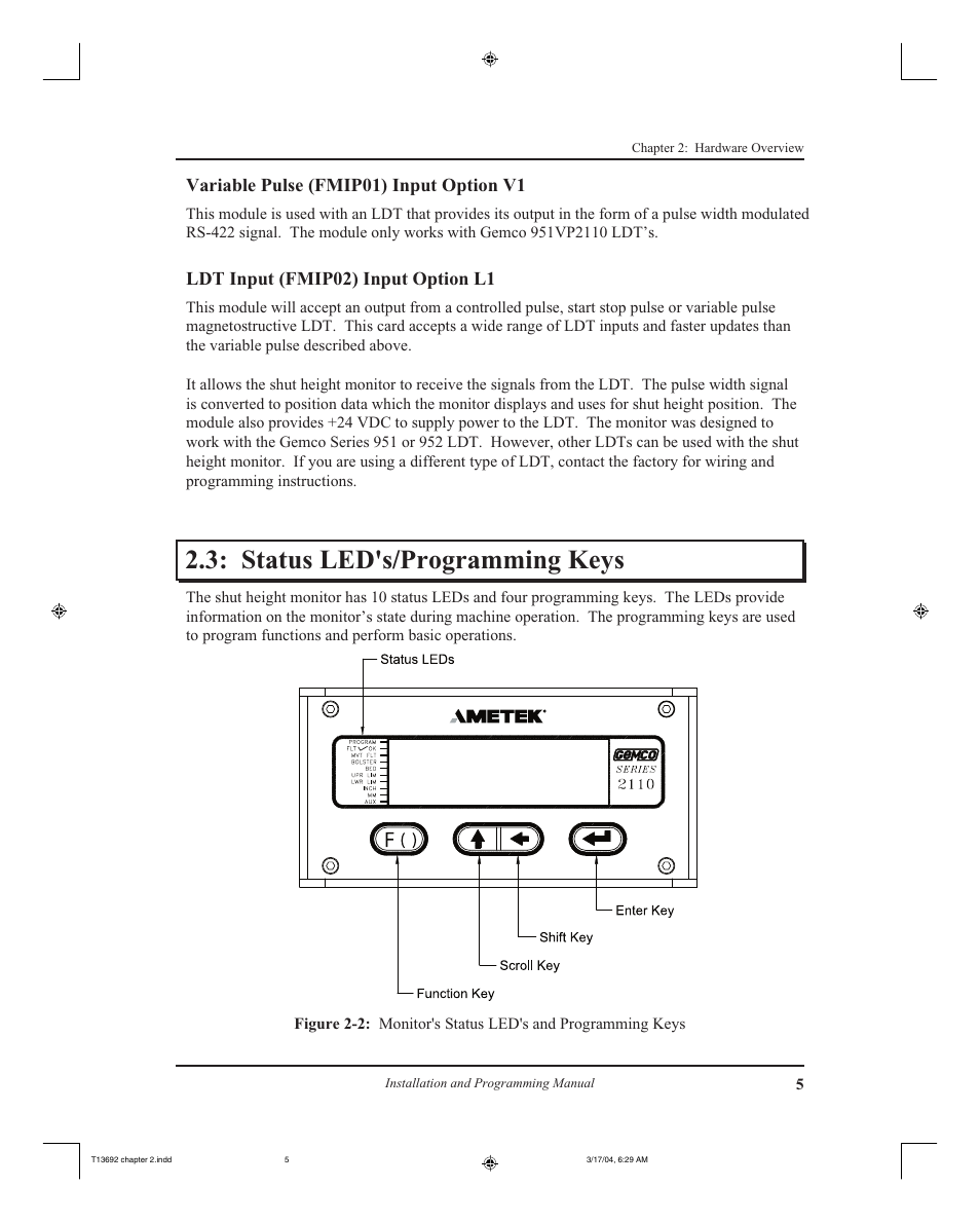 Status led's/programming keys, Variable pulse (fmip01) input option v1, Ldt input (fmip02) input option l1 | AMETEK 2110 Shut Height Monitor User Manual | Page 9 / 59