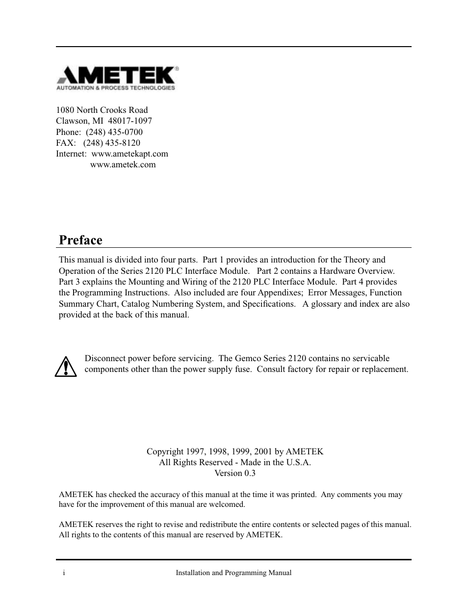 Preface | AMETEK 2120 PLC Interface Module User Manual | Page 2 / 64