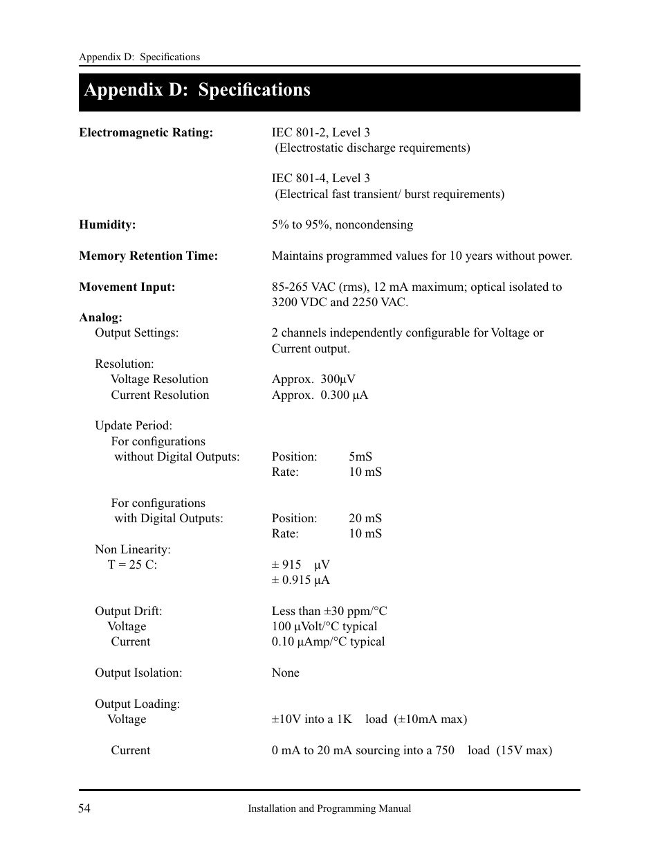 Appendix d: speciﬁ cations | AMETEK 2120 PLC Interface Module User Manual | Page 58 / 64