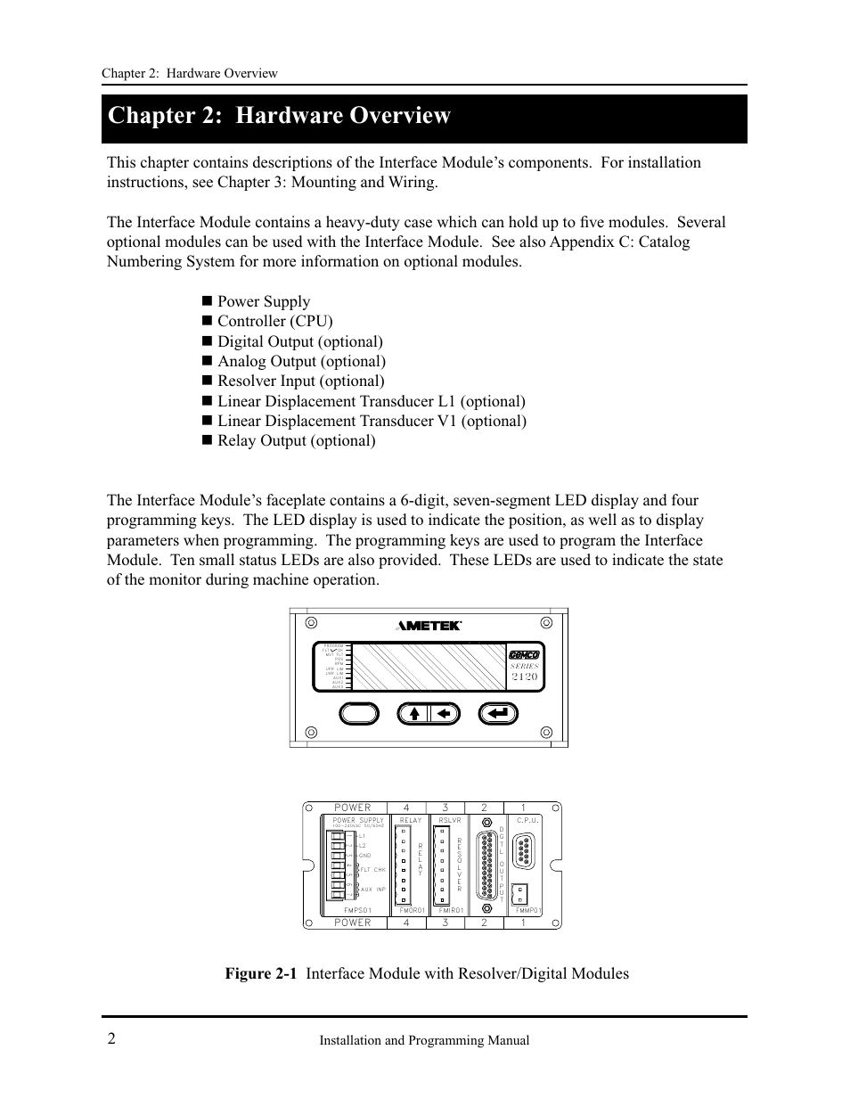 Chapter 2: hardware overview, Back front | AMETEK 2120 PLC Interface Module User Manual | Page 6 / 64