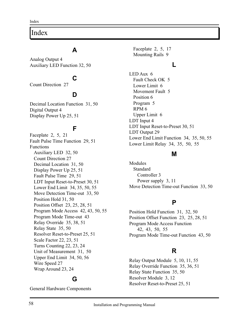 Index | AMETEK 2120 PLC Interface Module User Manual | Page 62 / 64