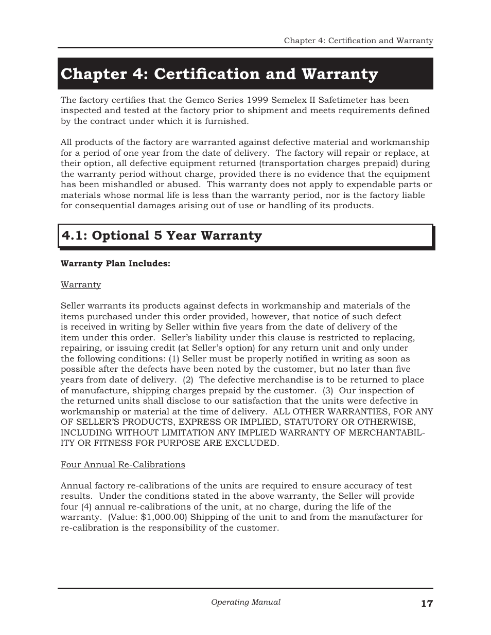 Chapter 4: certiﬁ cation and warranty, Optional 5 year warranty | AMETEK 1025 Foot & Palm Switches User Manual | Page 21 / 24