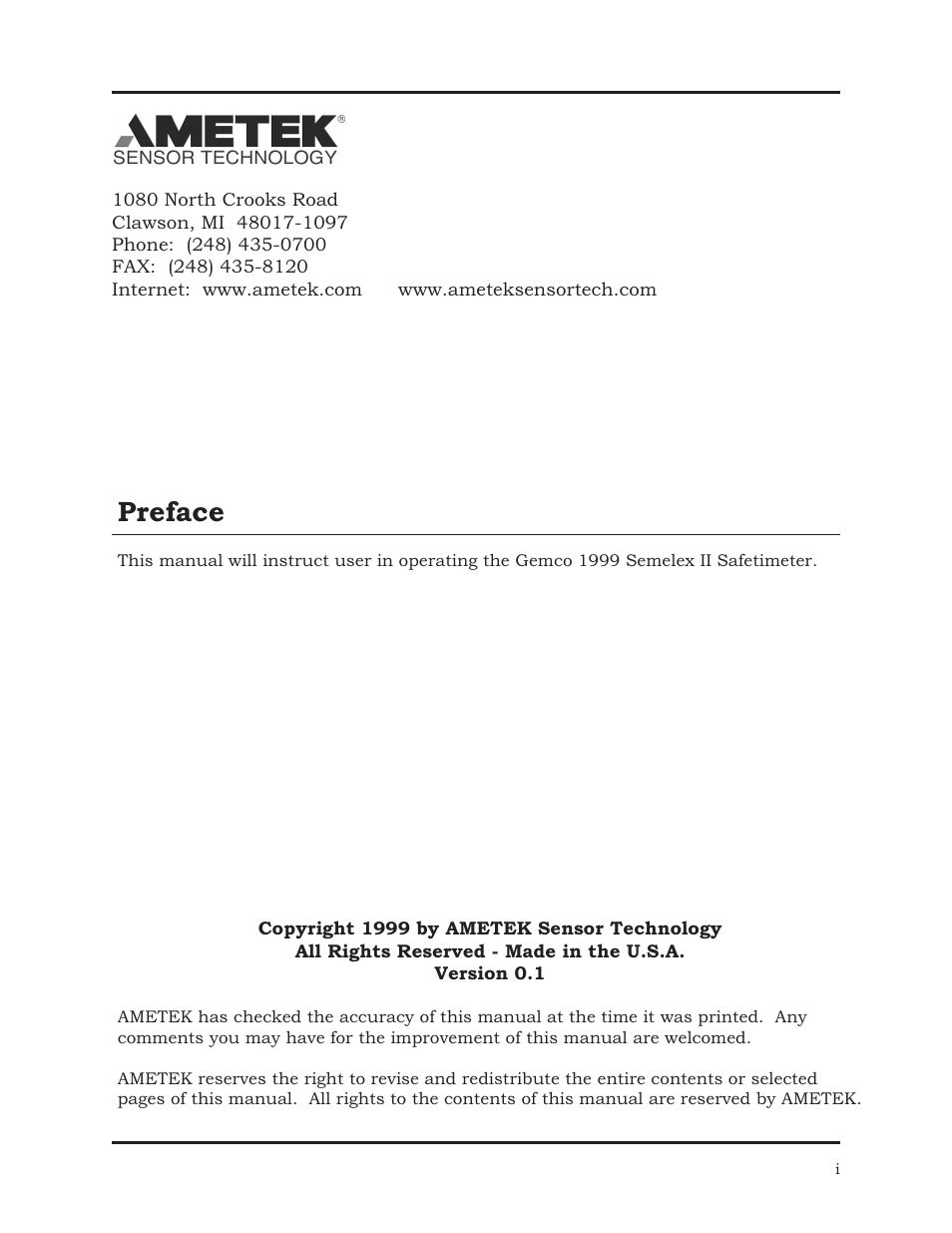 I.pdf, Preface | AMETEK 1025 Foot & Palm Switches User Manual | Page 3 / 24