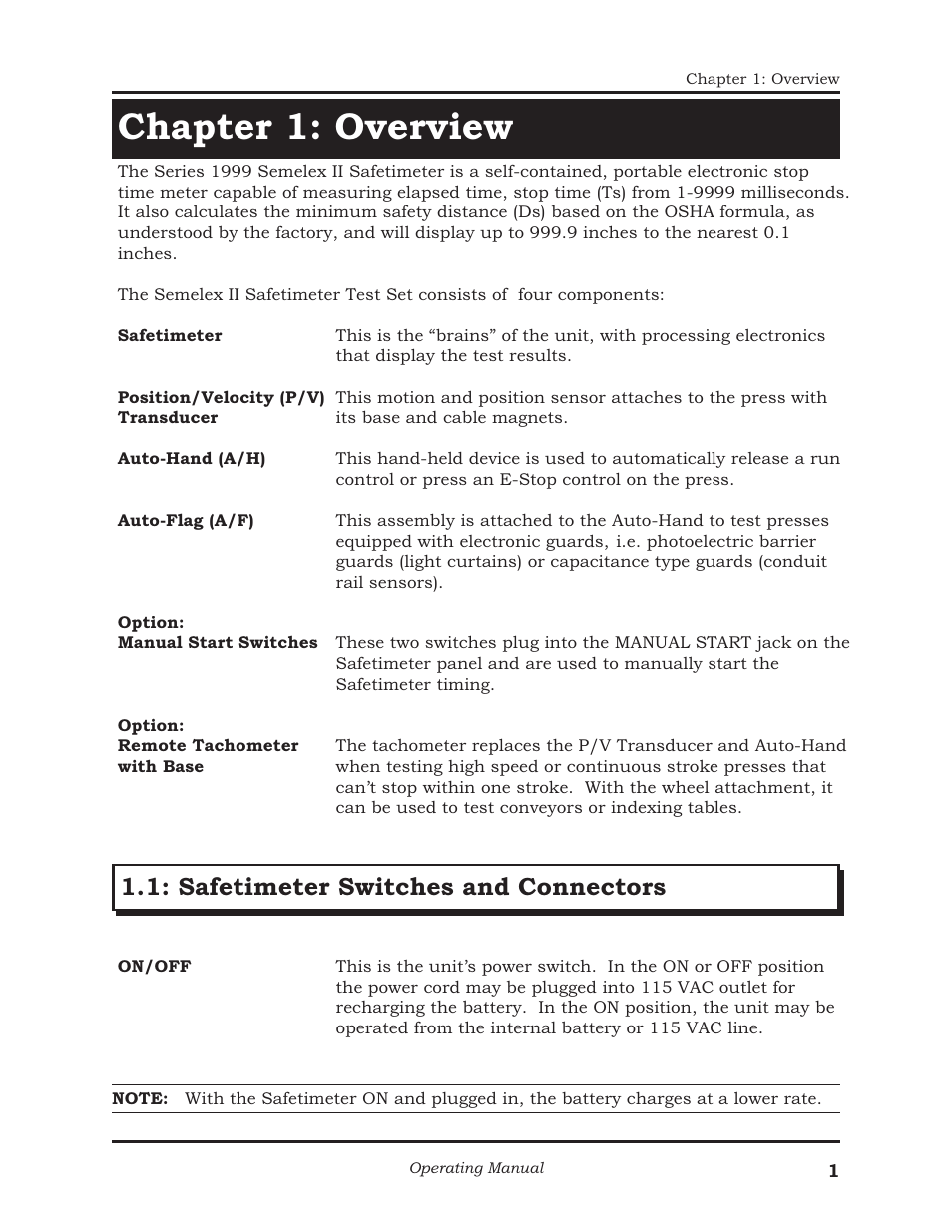 Chapter 1: overview, Safetimeter switches and connectors | AMETEK 1025 Foot & Palm Switches User Manual | Page 5 / 24