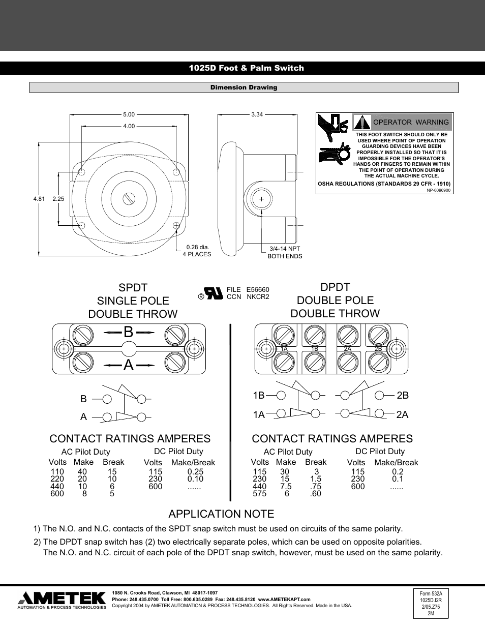 Contact ratings amperes, 1a 1b 2a 2b | AMETEK 1999 Semelex II Safetimeter User Manual | Page 2 / 2