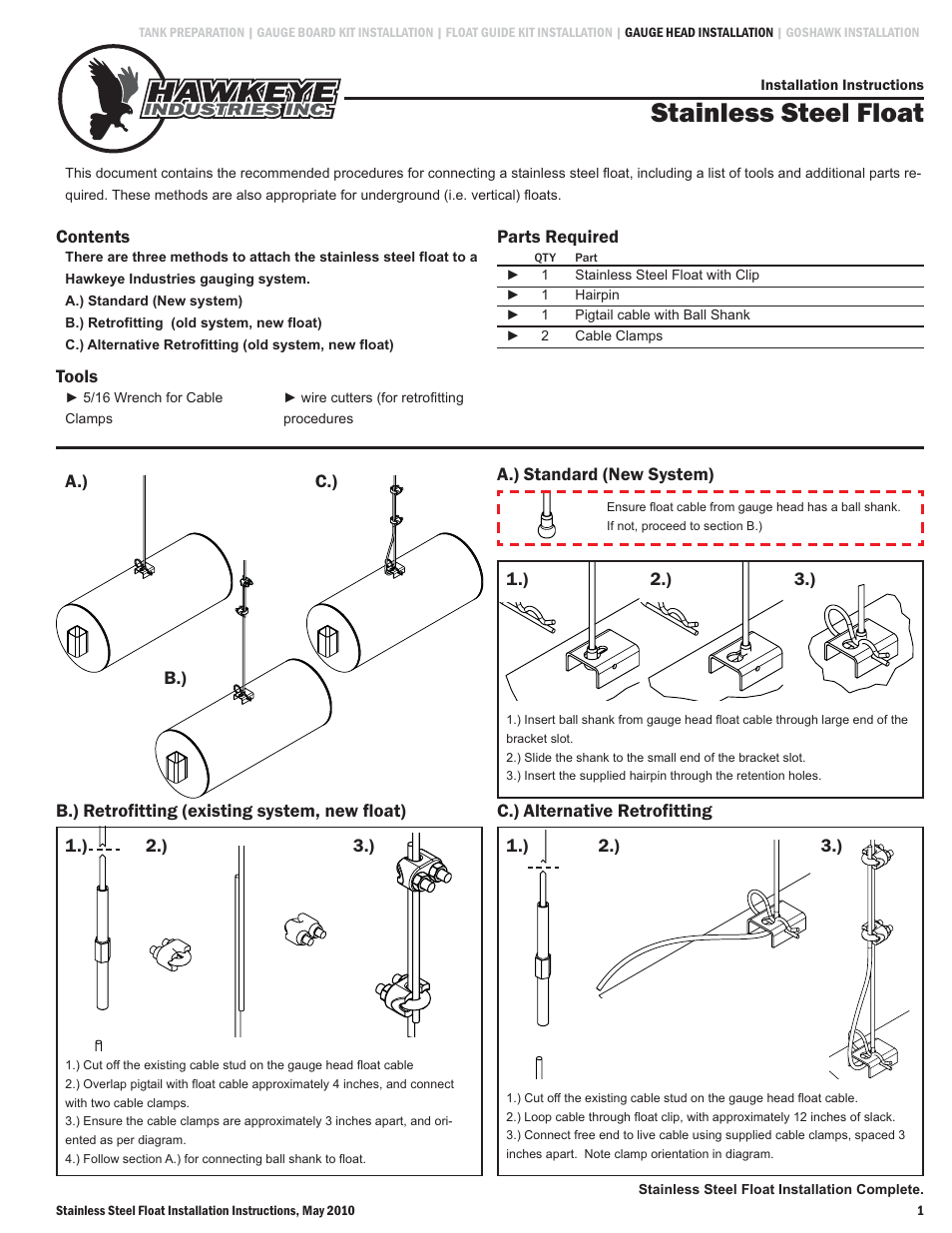 Hawkeye Stainless Steel Float User Manual | 1 page