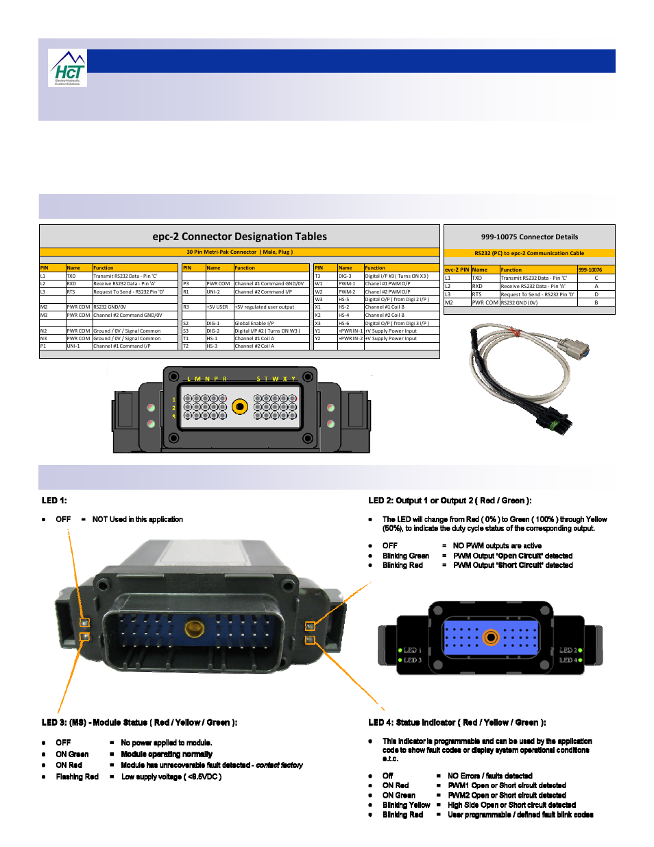 Epc-2 module connection details, Epc‐2 connector designation tables | High Country Tek epc-2, Dual Channel GUI Software User Manual | Page 8 / 12