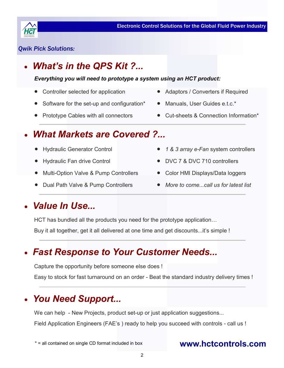 Fast response to your customer needs, What’s in the qps kit, What markets are covered | You need support, Value in use | High Country Tek Qwik-Pick Solutions User Manual | Page 2 / 12