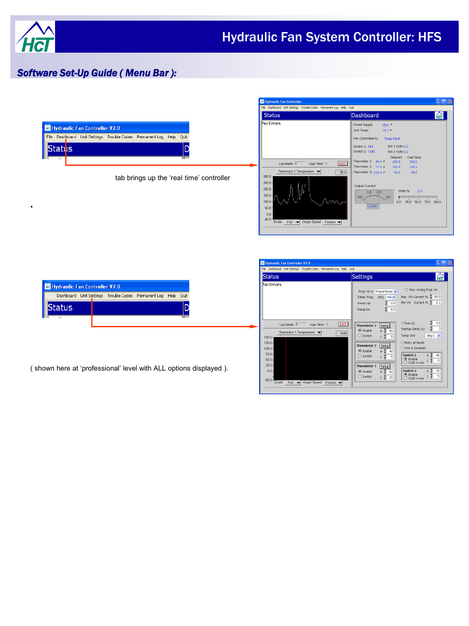 Hydraulic fan system controller: hfs, Software set-up guide ( menu bar ) | High Country Tek HFS User Manual | Page 16 / 31