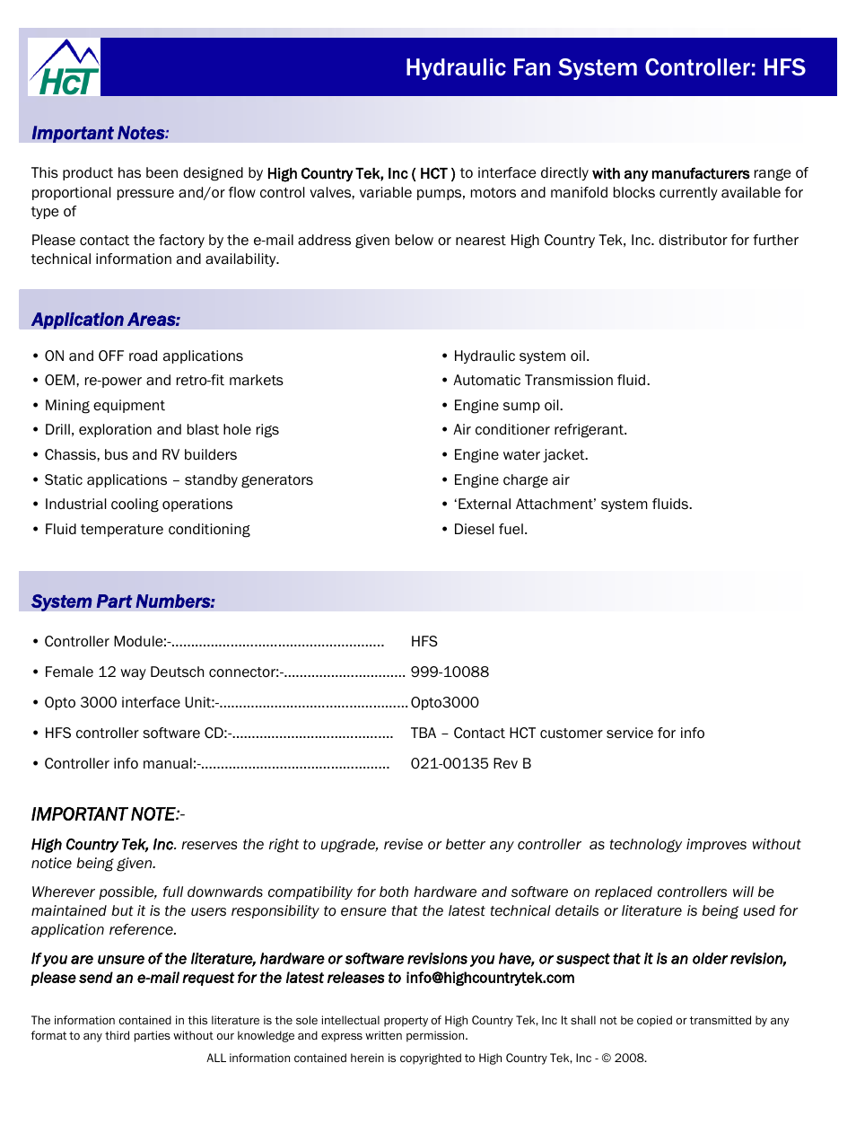 Hydraulic fan system controller: hfs | High Country Tek HFS User Manual | Page 2 / 31