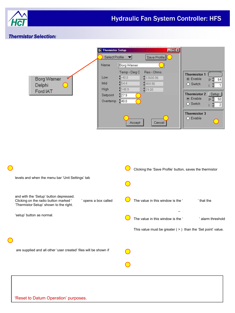 Hydraulic fan system controller: hfs, Thermistor selection | High Country Tek HFS User Manual | Page 22 / 31