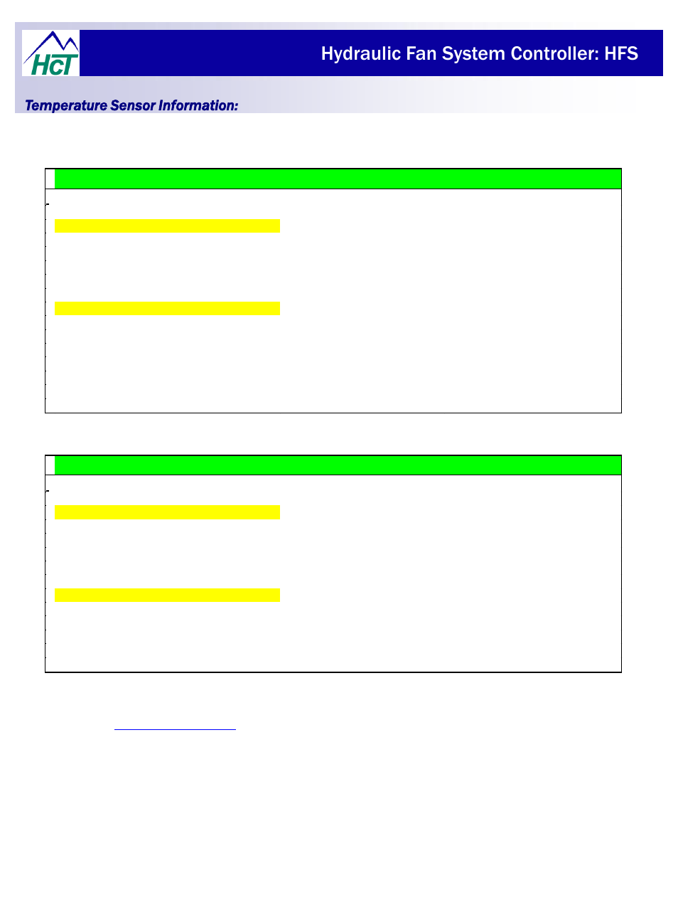 Hydraulic fan system controller: hfs, Fan system thermistor information chart, Temperature sensor information | Hfs - thermistor compatibility chart, Coolant/oil sensors, Air sensors | High Country Tek HFS User Manual | Page 29 / 31