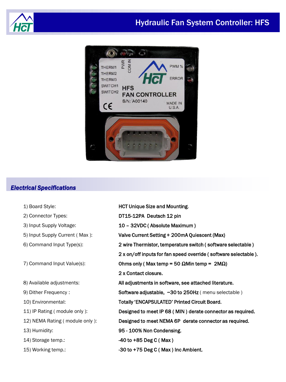 Hydraulic fan system controller: hfs, Electrical specifications | High Country Tek HFS User Manual | Page 6 / 31