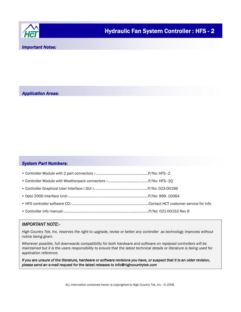 Hydraulic fan system controller : hfs - 2 | High Country Tek HFS-2Q User Manual | Page 2 / 36
