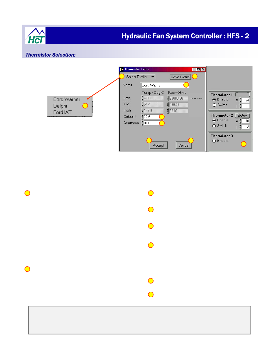 Hydraulic fan system controller : hfs - 2, Thermistor selection | High Country Tek HFS-2Q User Manual | Page 25 / 36