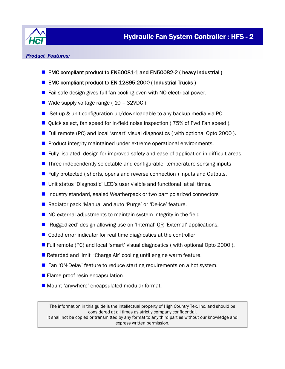 Hydraulic fan system controller : hfs - 2 | High Country Tek HFS-2Q User Manual | Page 4 / 36