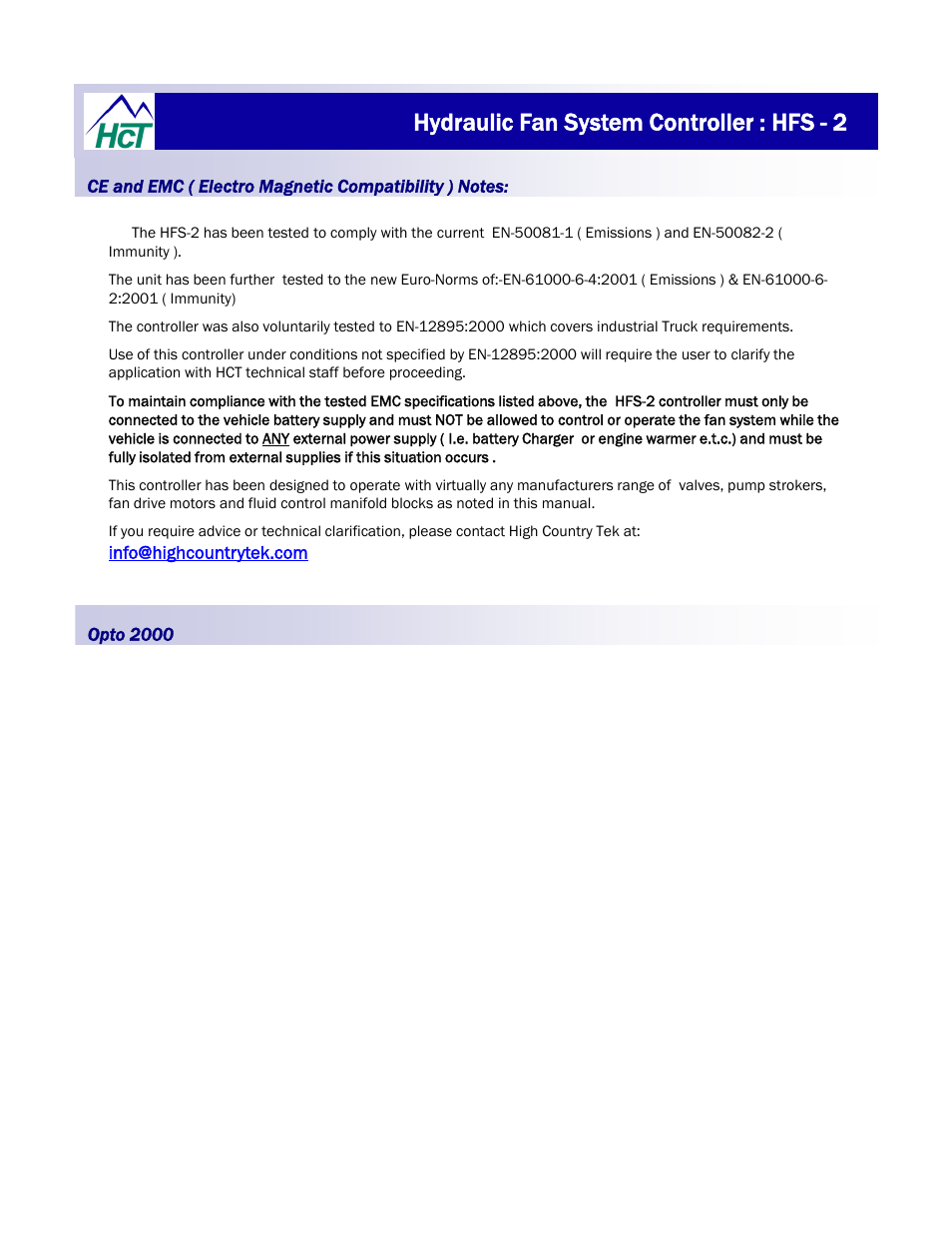 Hydraulic fan system controller : hfs - 2 | High Country Tek HFS-2Q User Manual | Page 5 / 36