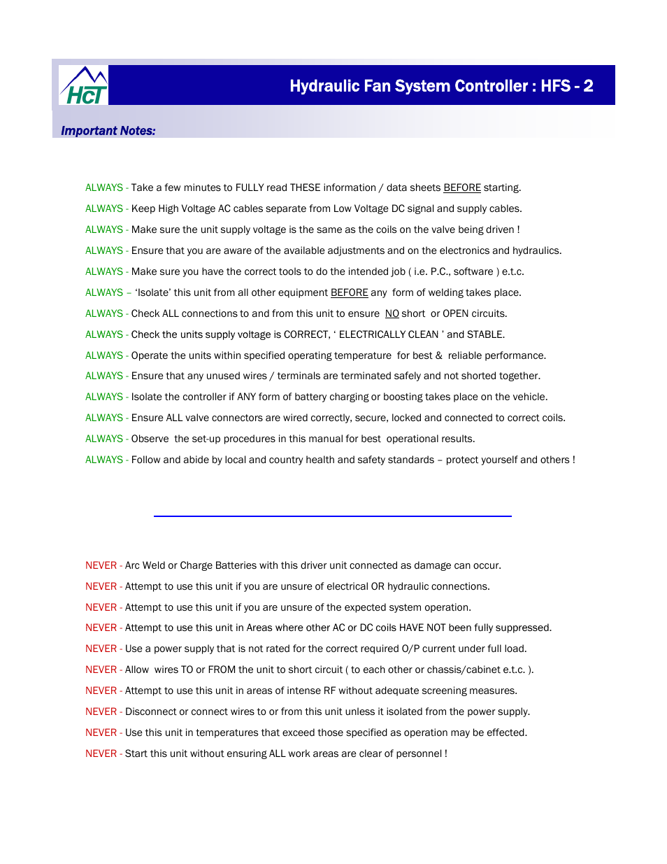Hydraulic fan system controller : hfs - 2 | High Country Tek HFS-2Q User Manual | Page 6 / 36