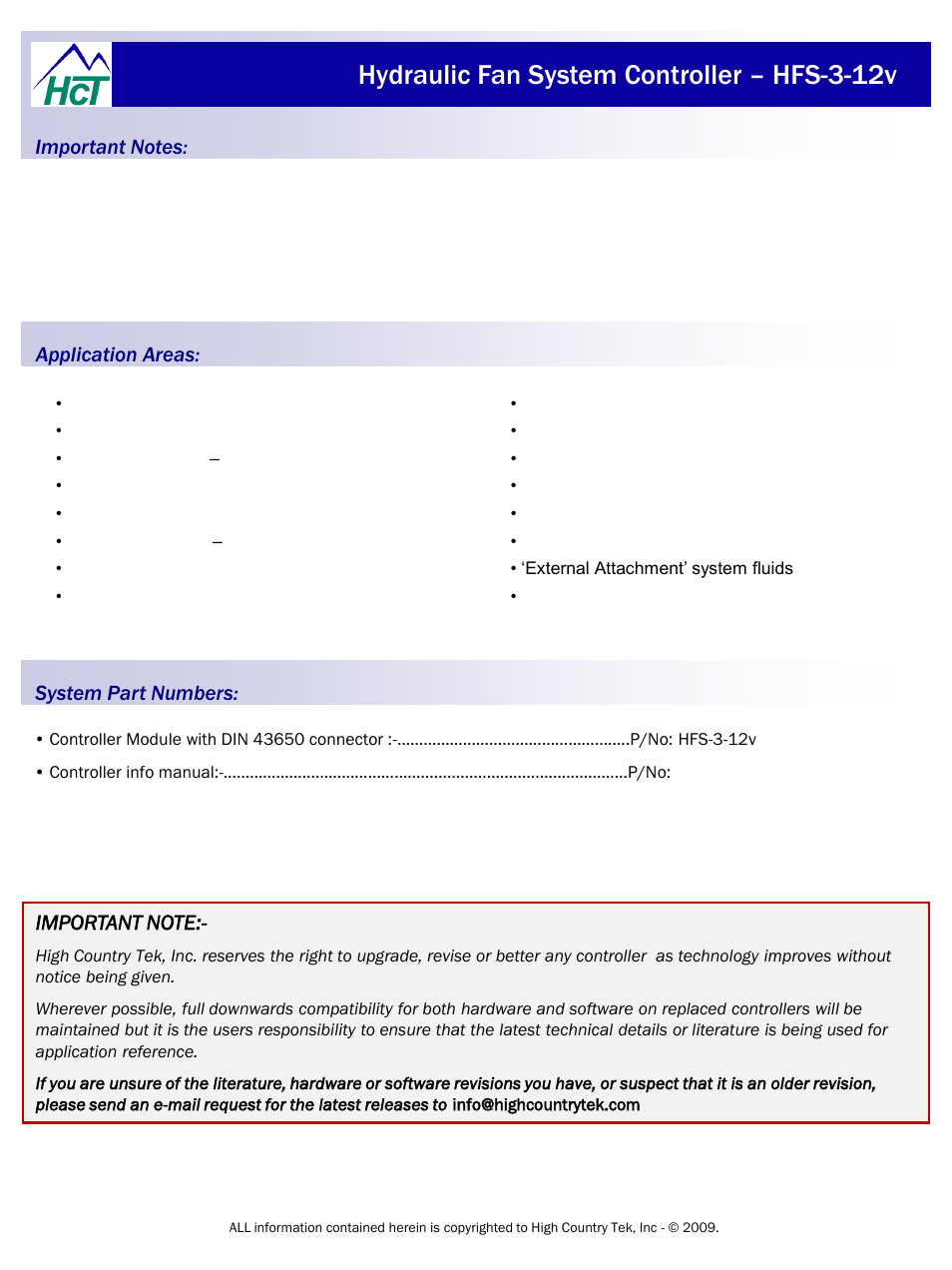 Hydraulic fan system controller – hfs-3-12v | High Country Tek HFS-3 User Manual | Page 2 / 20