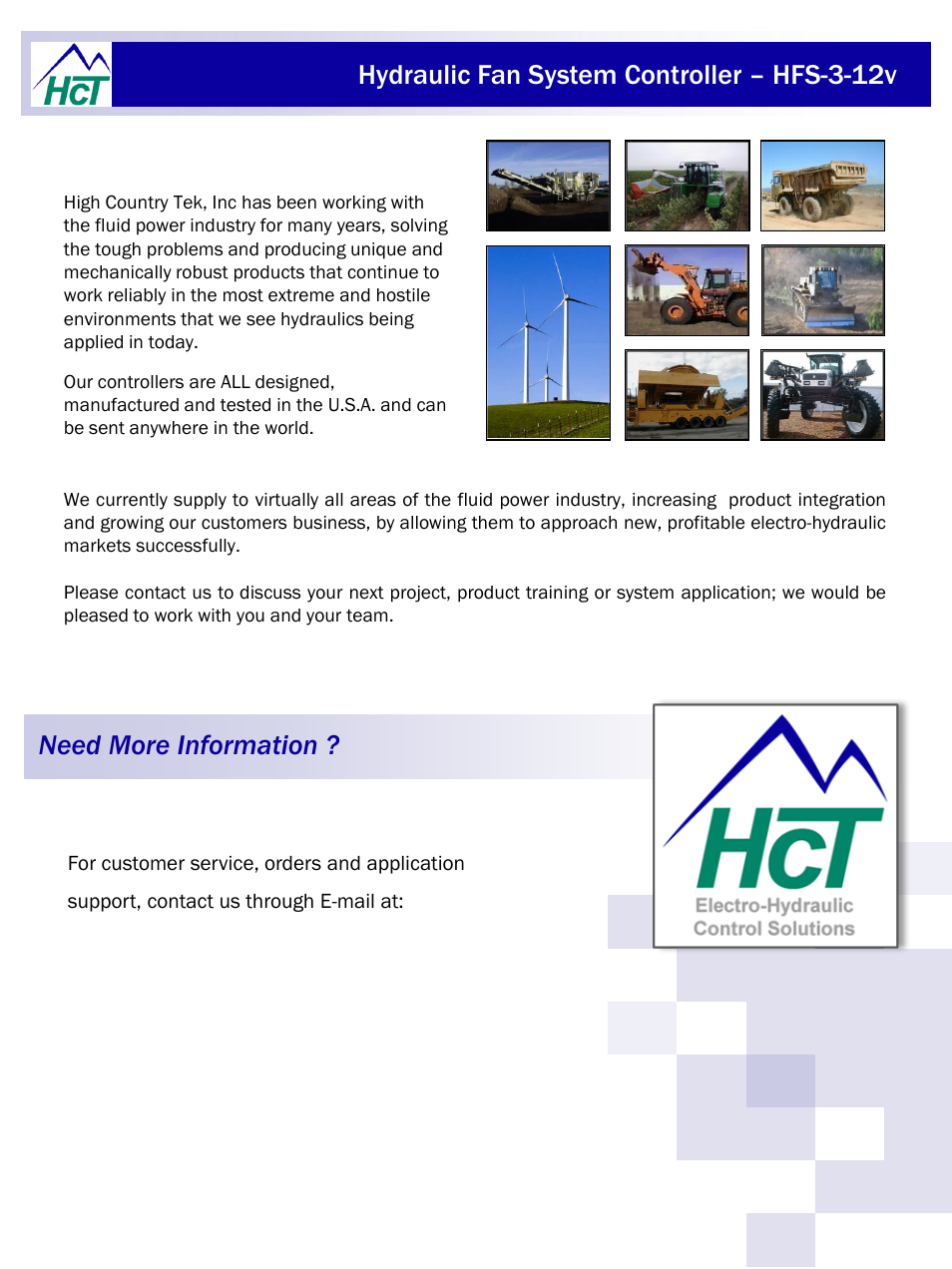 Hydraulic fan system controller – hfs-3-12v, Need more information | High Country Tek HFS-3 User Manual | Page 20 / 20