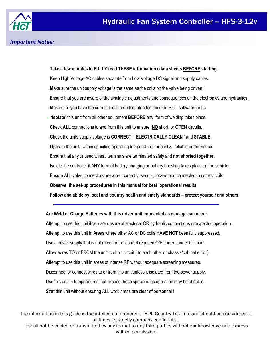 Hydraulic fan system controller – hfs-3-12v | High Country Tek HFS-3 User Manual | Page 4 / 20