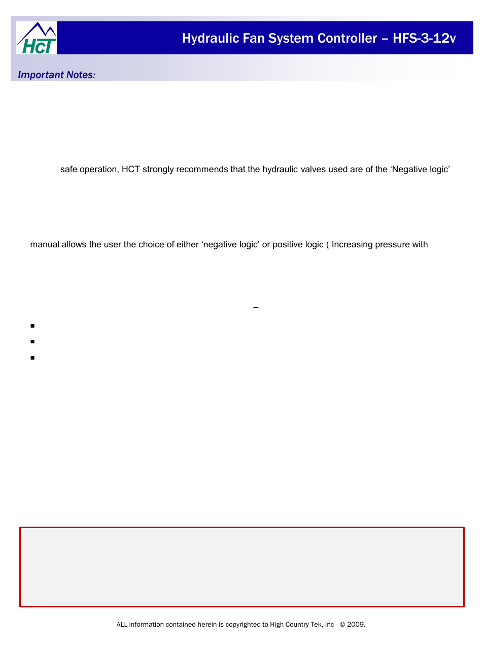Hydraulic fan system controller – hfs-3-12v | High Country Tek HFS-3 User Manual | Page 5 / 20