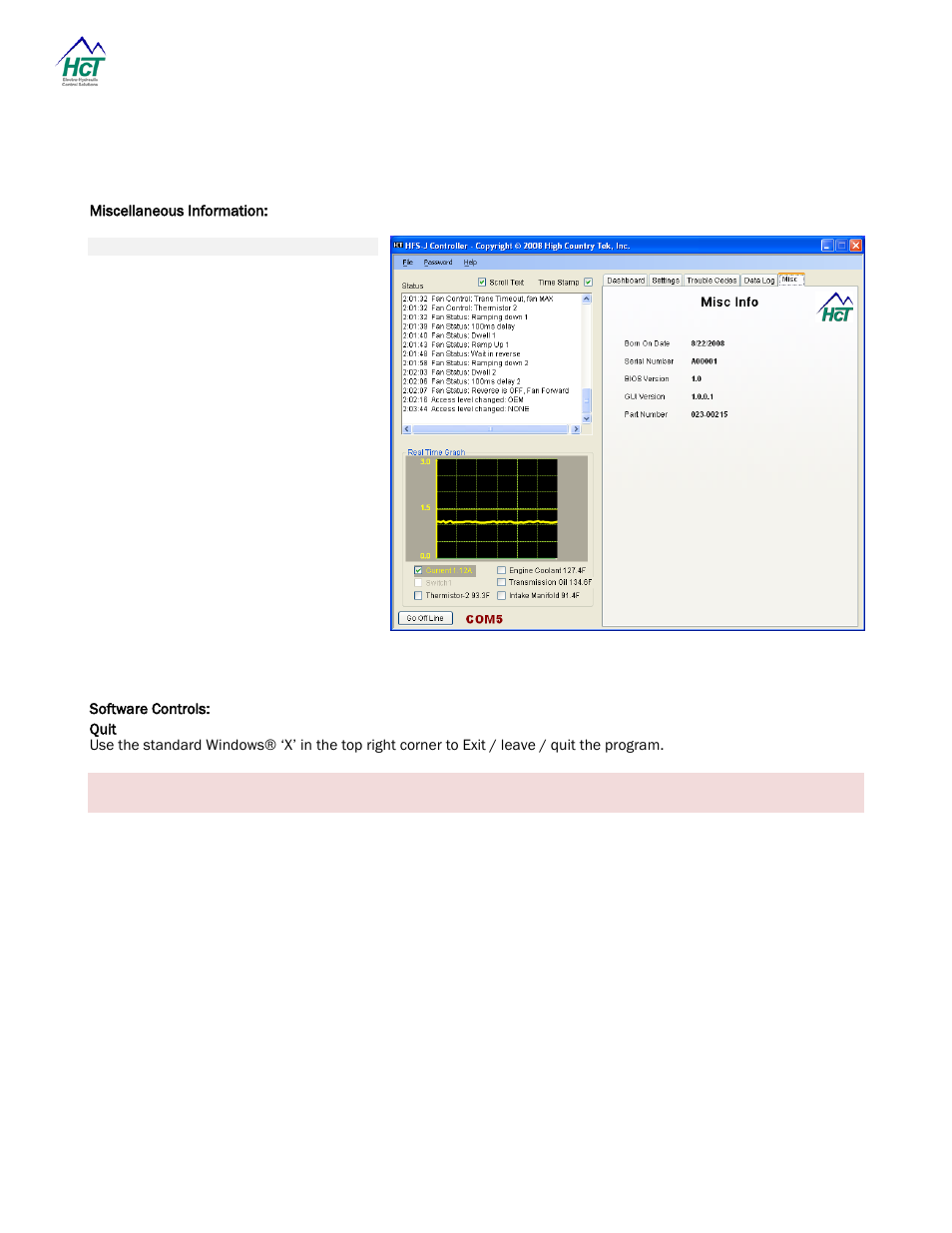 Miscellaneous information, Software controls, Quit | Miscellaneous information: software controls: quit | High Country Tek HFS-J-Bus User Manual | Page 27 / 33