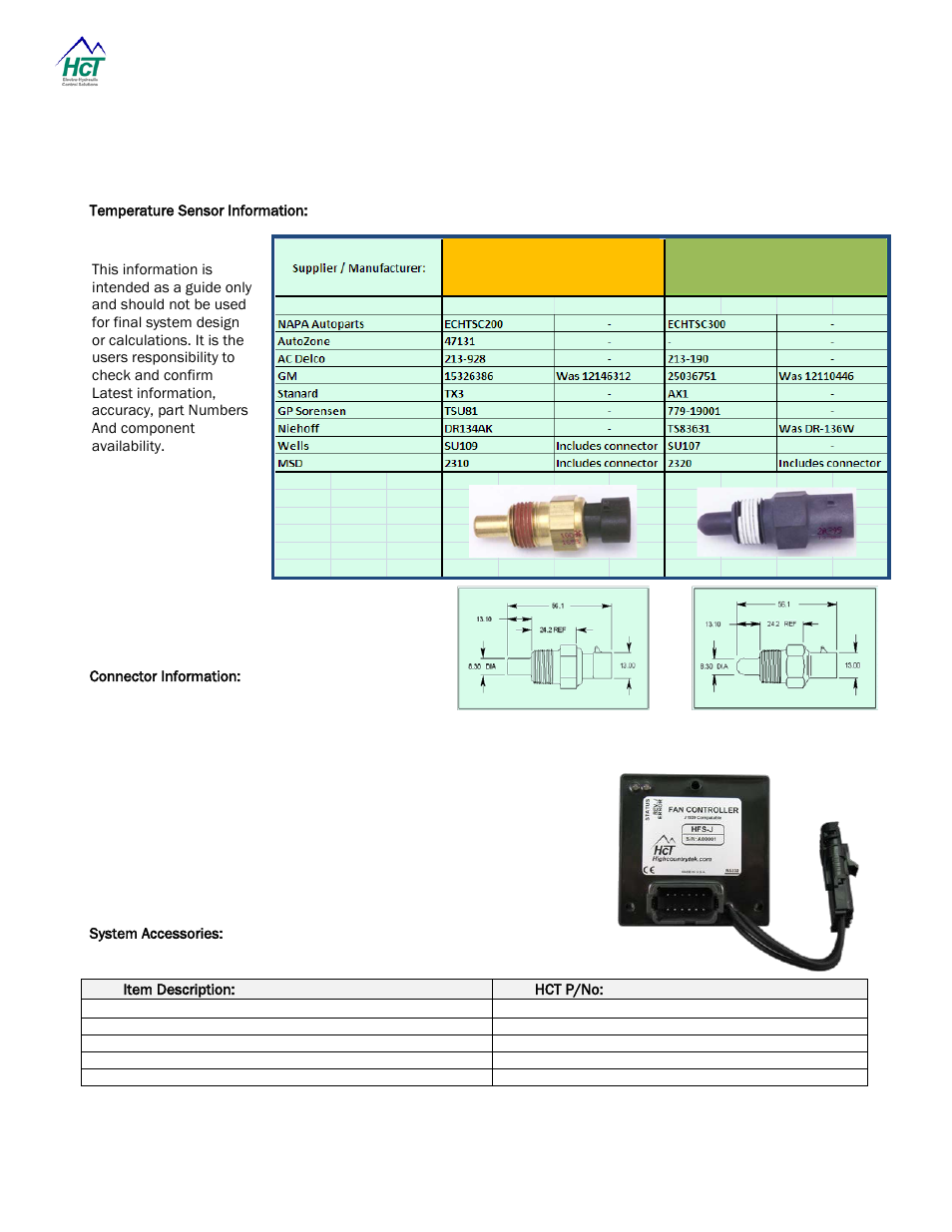 Temperature sensor information, Connector information, System accessories | Main i/o connector | High Country Tek HFS-J-Bus User Manual | Page 28 / 33