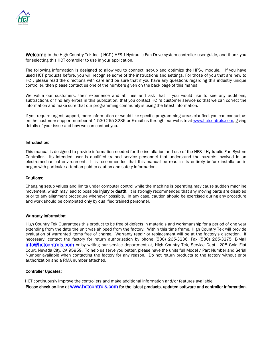Introduction, Cautions, Warranty information | Controller updates, Controller information | High Country Tek HFS-J-Bus User Manual | Page 4 / 33