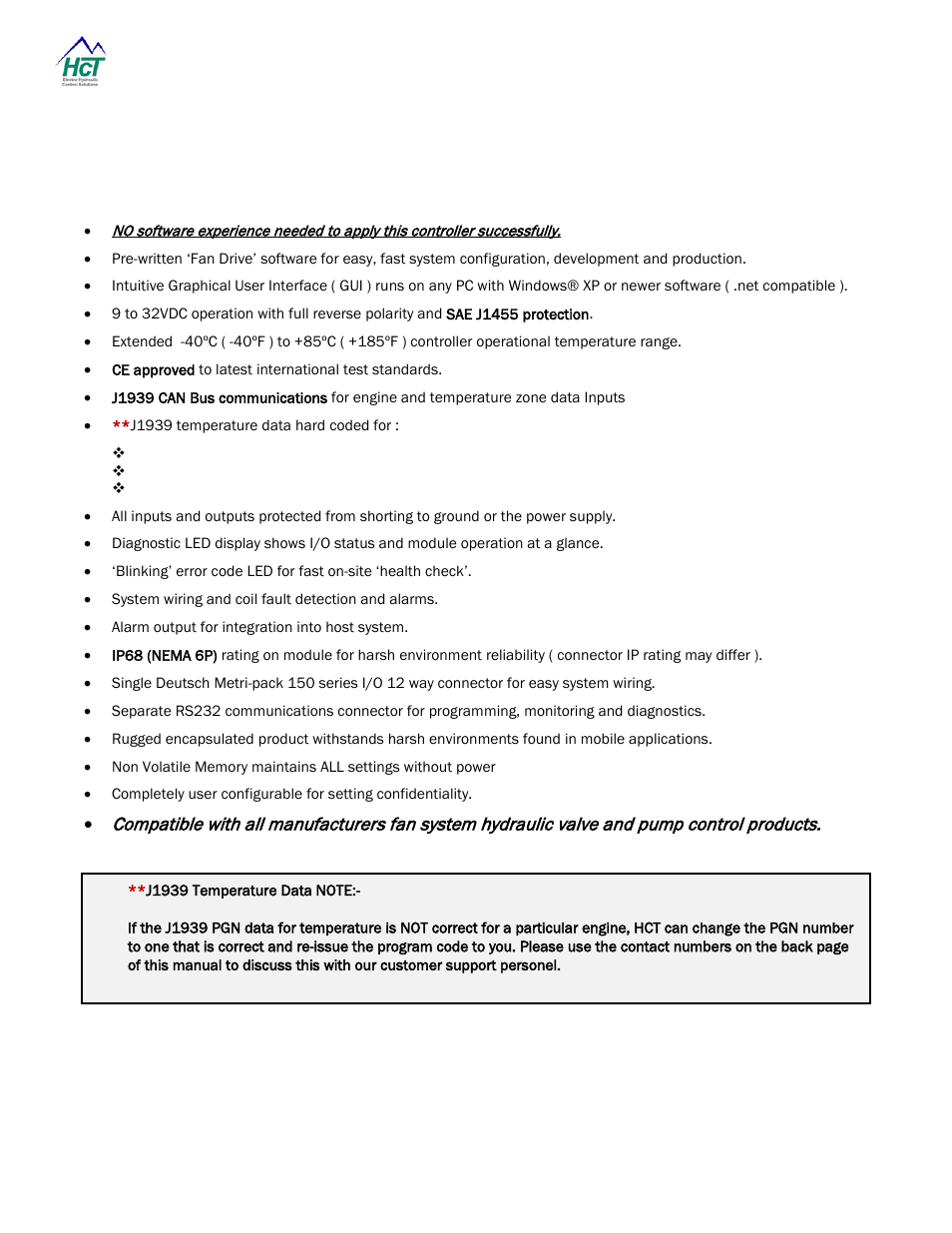 Product overview, J1939 temperature data note | High Country Tek HFS-J-Bus User Manual | Page 6 / 33