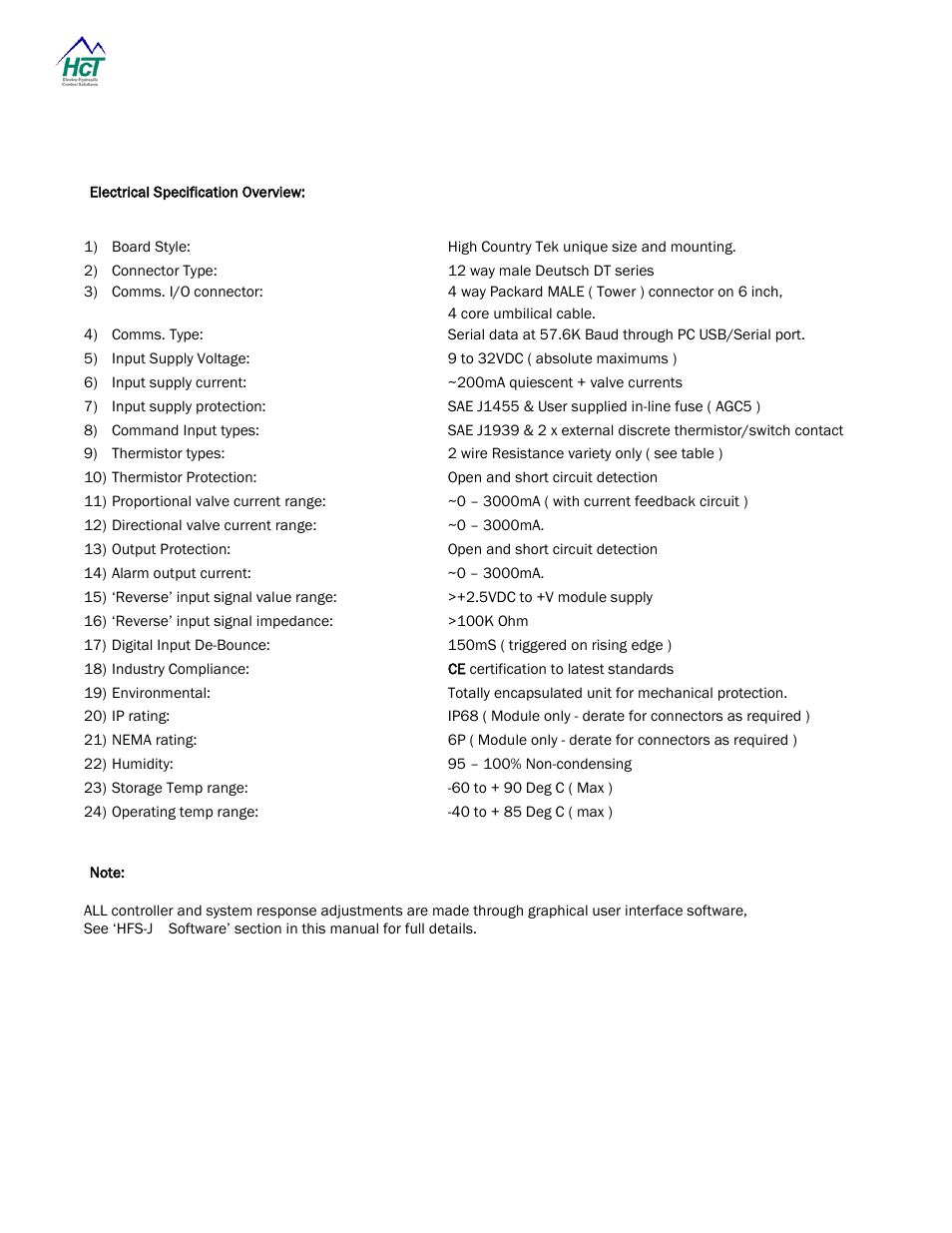 Electrical specification overview, Note, Electrical specification overview: note | High Country Tek HFS-J-Bus User Manual | Page 9 / 33