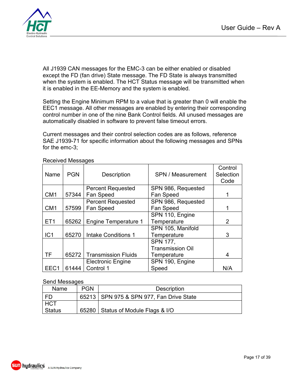 Emc-3 controller module, Sae j1939 can messages | High Country Tek emc-3 User Manual | Page 17 / 39