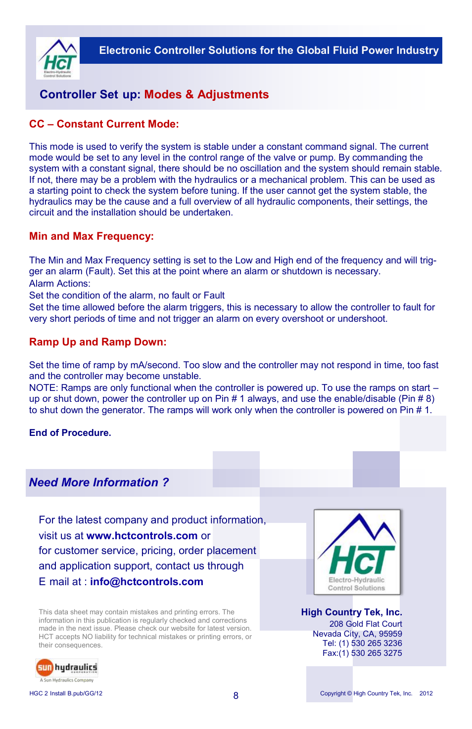 Controller set-up: modes & adjustments, Need more information | High Country Tek HGC-2, Closed Loop Controller User Manual | Page 8 / 8