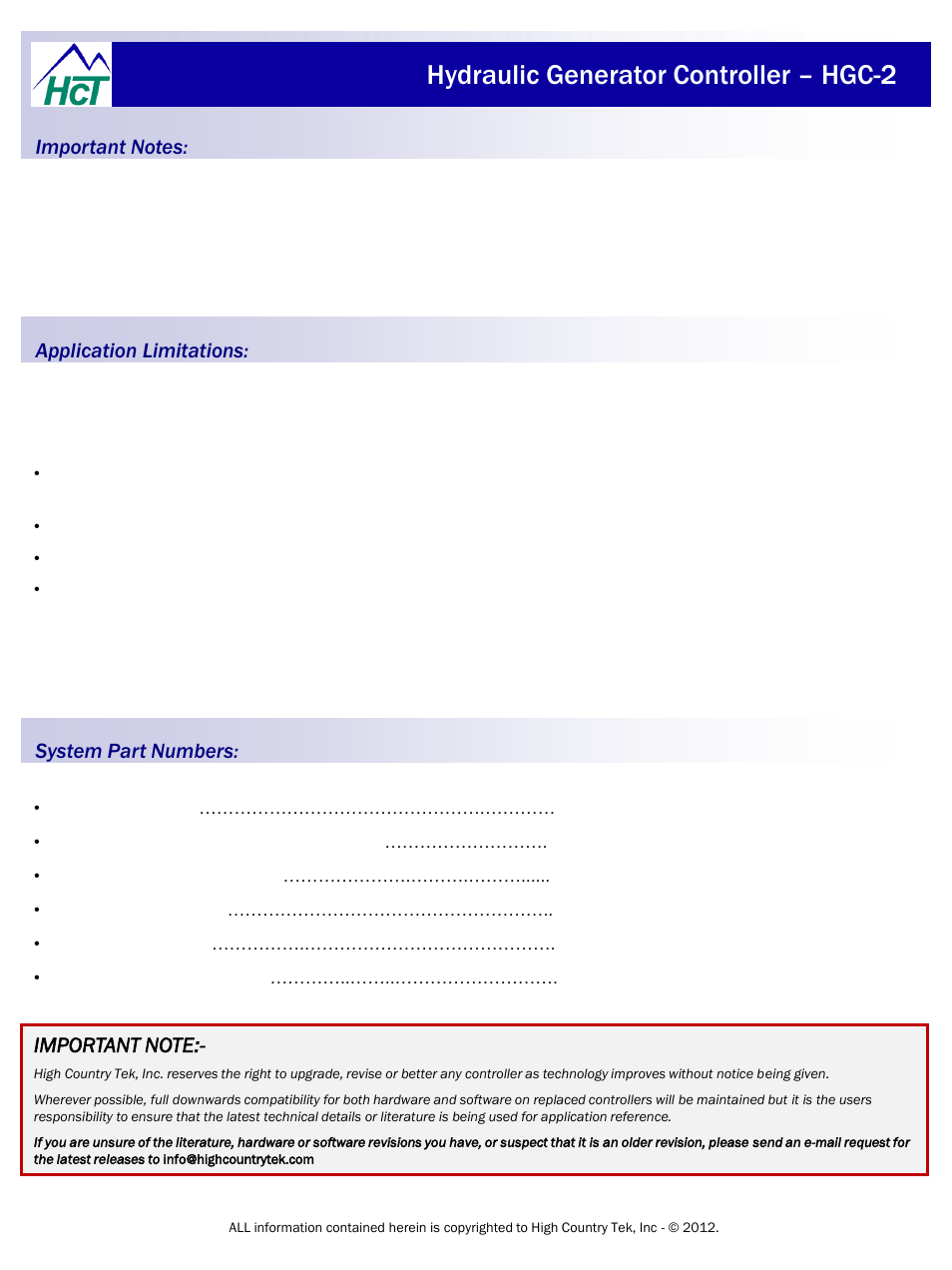 Hydraulic generator controller – hgc-2 | High Country Tek HGC-2, Closed Loop Controller User Manual | Page 2 / 24