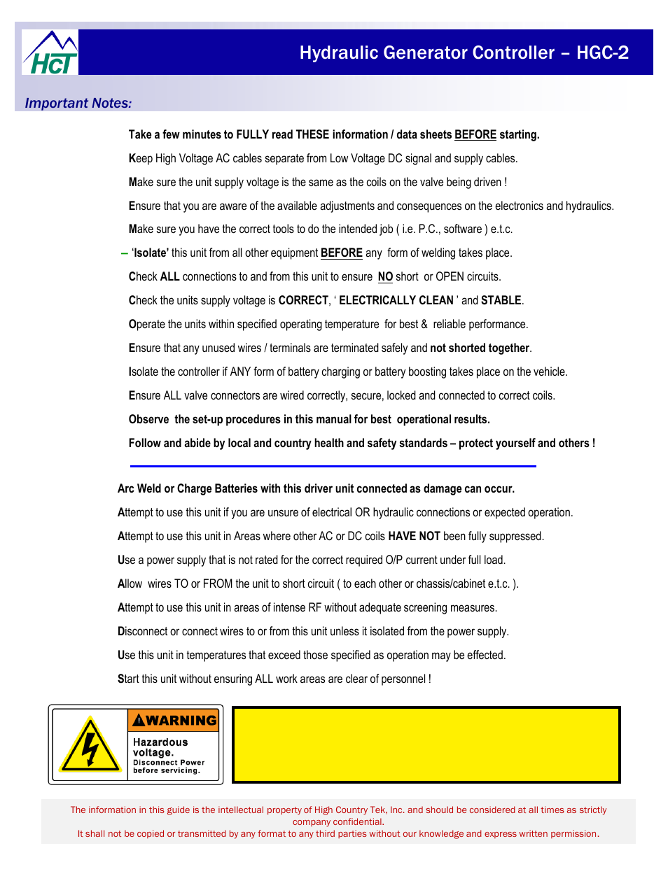 Hydraulic generator controller – hgc-2 | High Country Tek HGC-2, Closed Loop Controller User Manual | Page 3 / 24