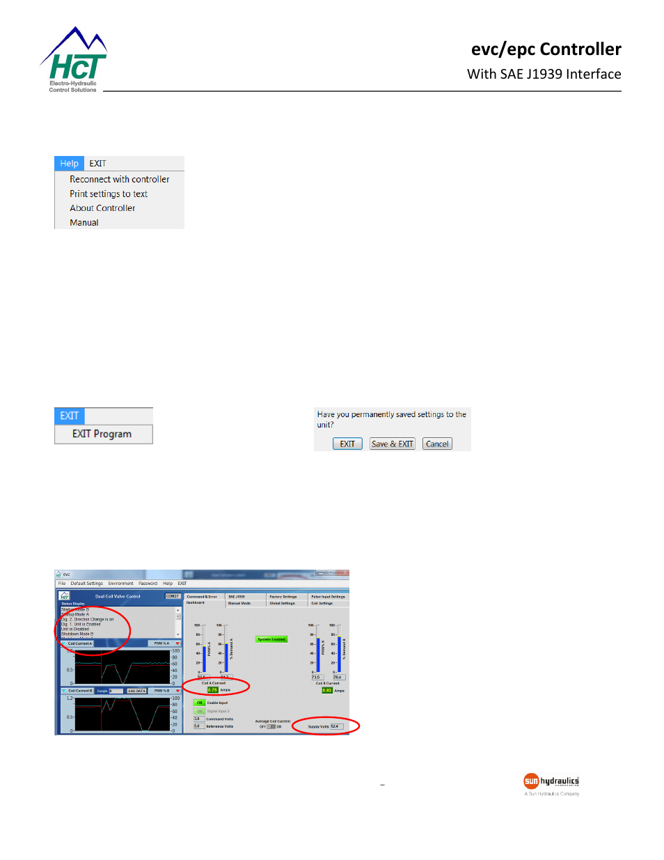 Help exit dashboard, status and graphing windows, Evc/epc controller, With sae j1939 interface | High Country Tek epc, Electronic Pump Controller - A Multi-Function SAE J1939 Compatible Module User Manual | Page 13 / 45