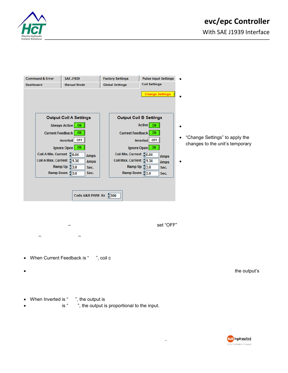 Output a or b coil settings, Evc/epc controller, With sae j1939 interface | High Country Tek epc, Electronic Pump Controller - A Multi-Function SAE J1939 Compatible Module User Manual | Page 17 / 45