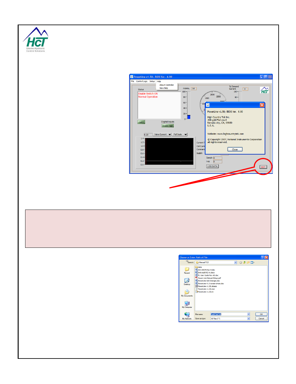 Help, Exit the program (gui) | High Country Tek PLD, Powerline / universal single / dual coil PWM Valve Driver User Manual | Page 32 / 45