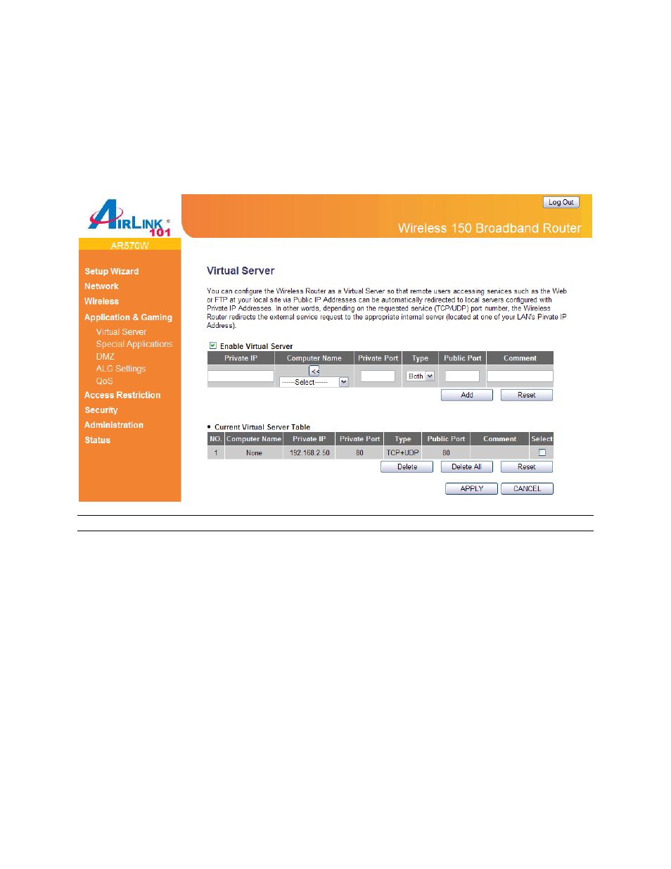 3 application & gaming, 1 virtual server (port forwarding) | Airlink101 AR570W User Manual | Page 50 / 80