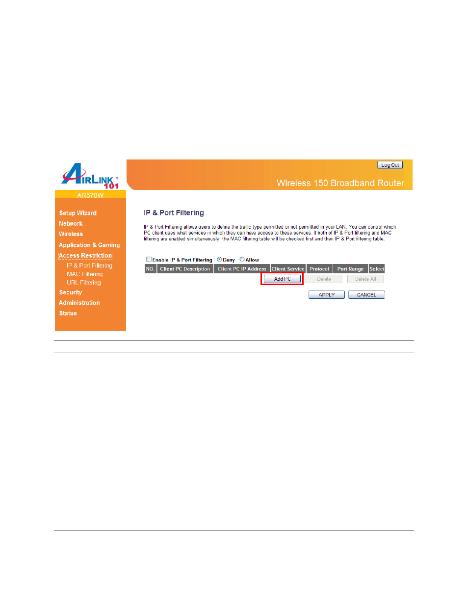 4 access restrictions, 1 ip & port filtering | Airlink101 AR570W User Manual | Page 60 / 80