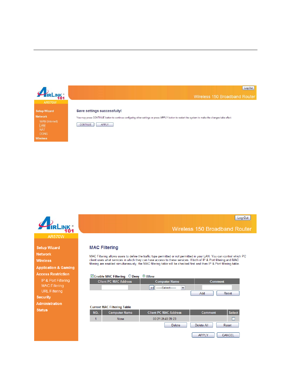 2 mac filtering | Airlink101 AR570W User Manual | Page 62 / 80