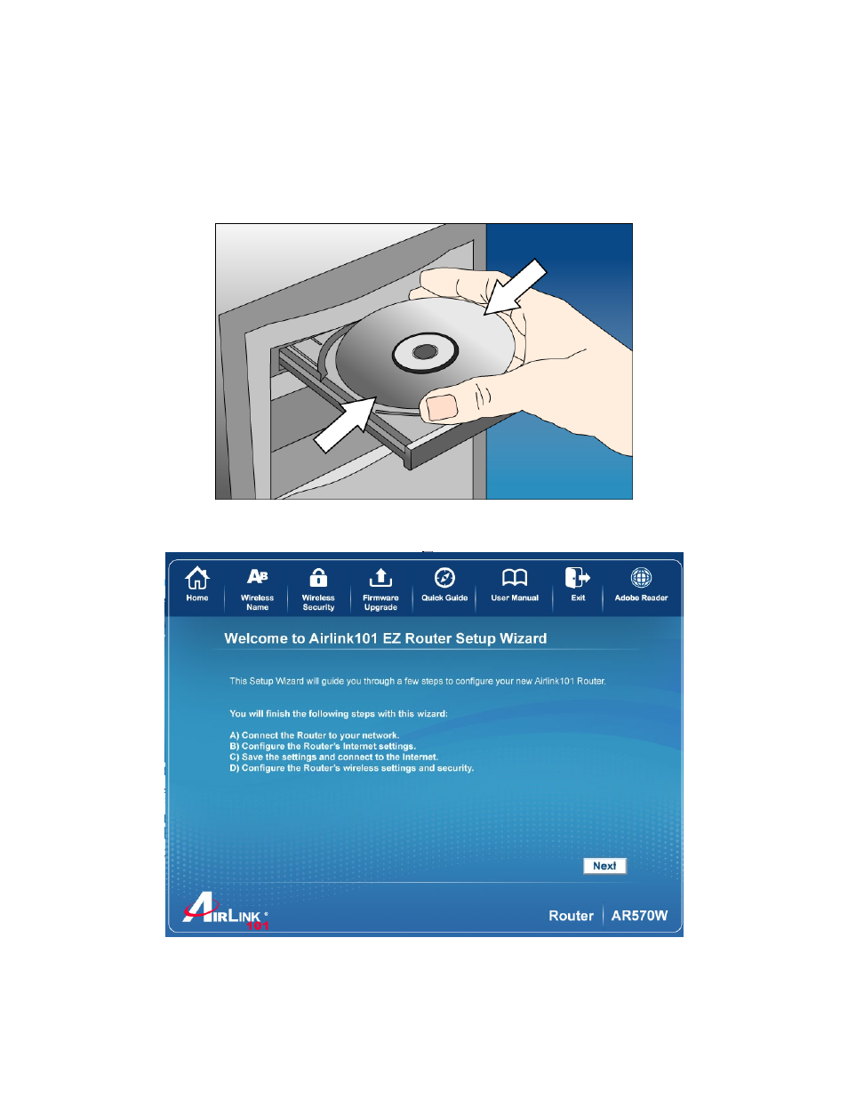 Chapter 2 installing the router, 1 using ez setup wizard | Airlink101 AR570W User Manual | Page 8 / 80