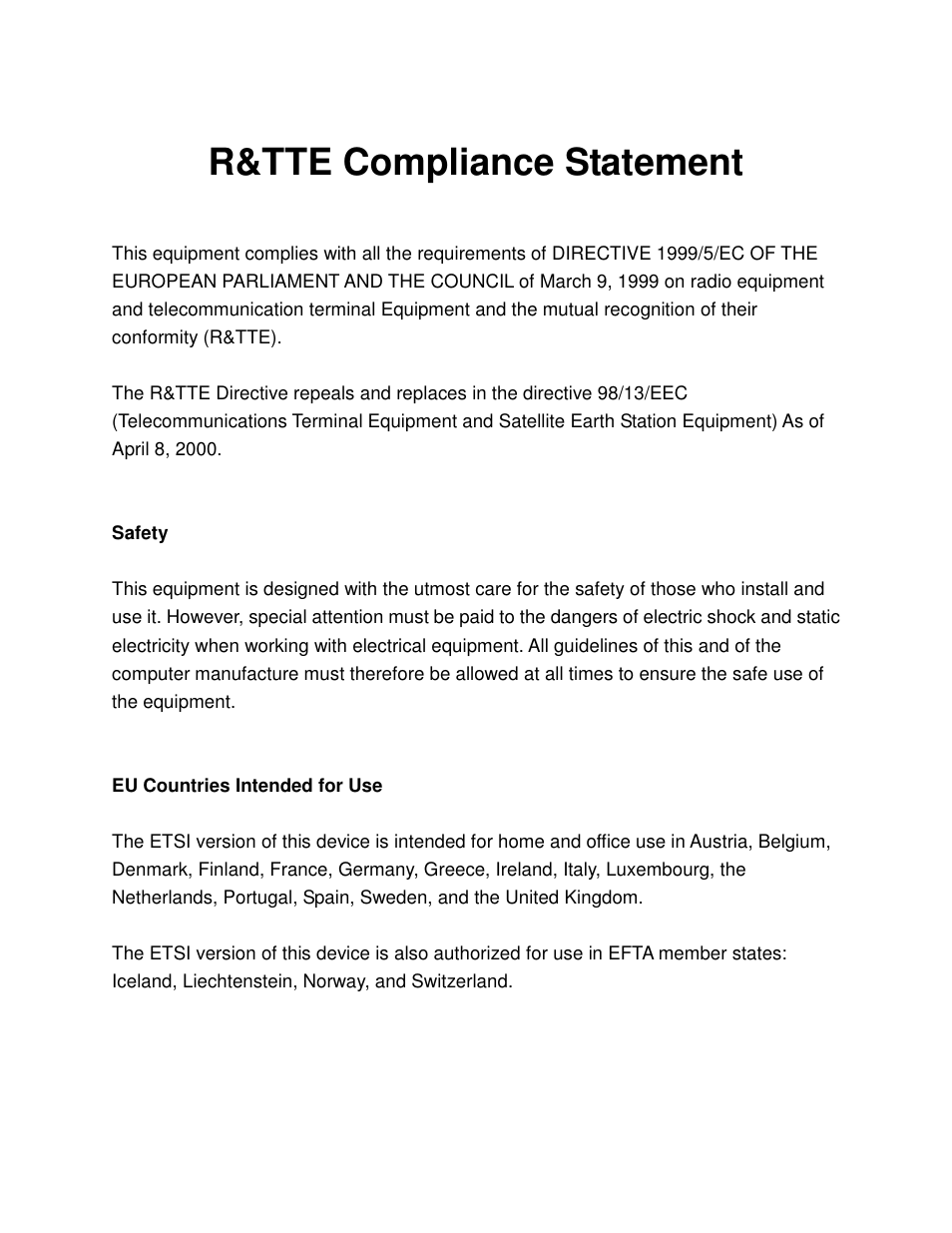 R&tte compliance statement | Airlink101 AR580W3G User Manual | Page 5 / 134