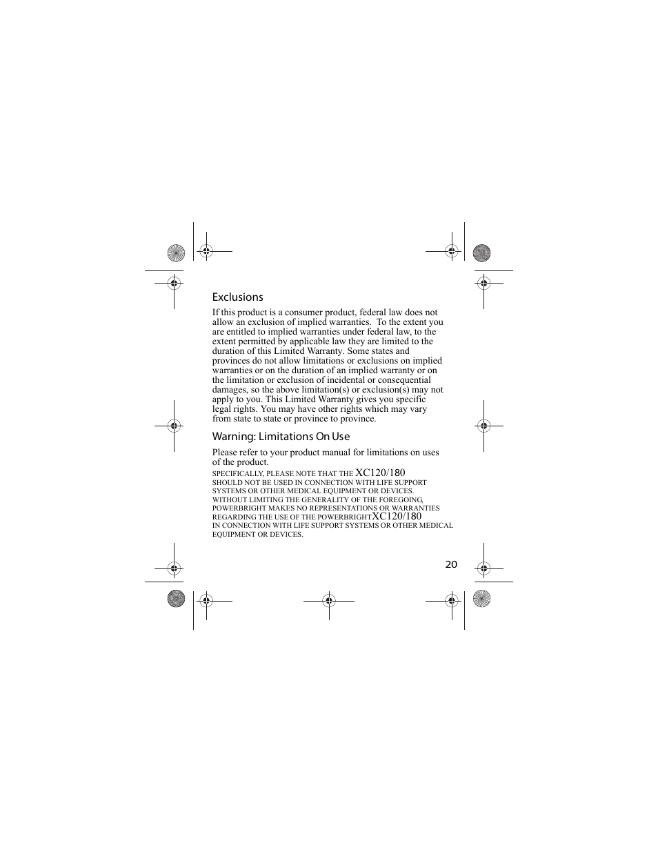 Exclusions, Warning: limitations on use | Power Bright XC180 User Manual | Page 21 / 23
