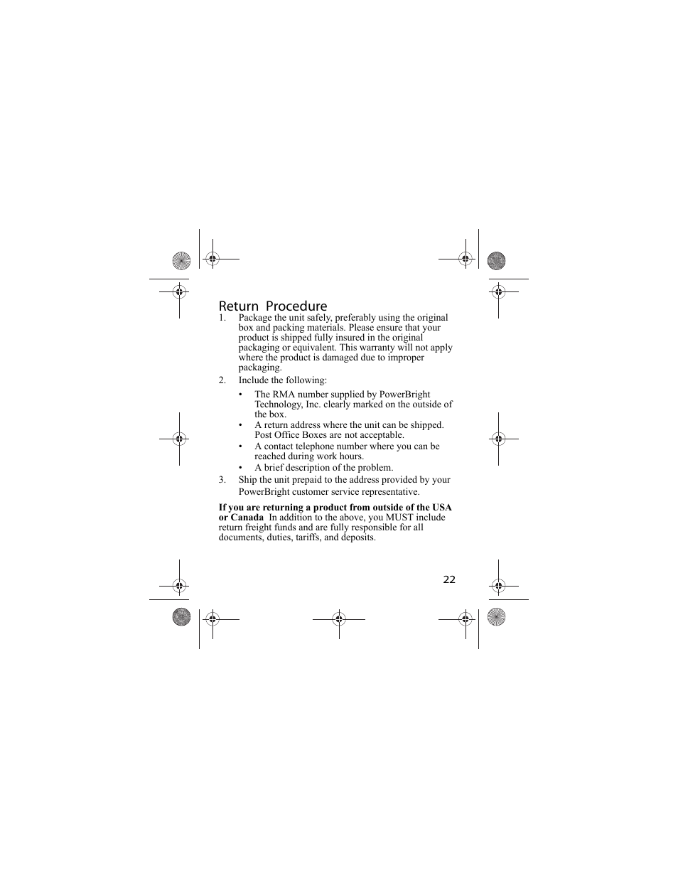 Return procedure | Power Bright XC180 User Manual | Page 23 / 23