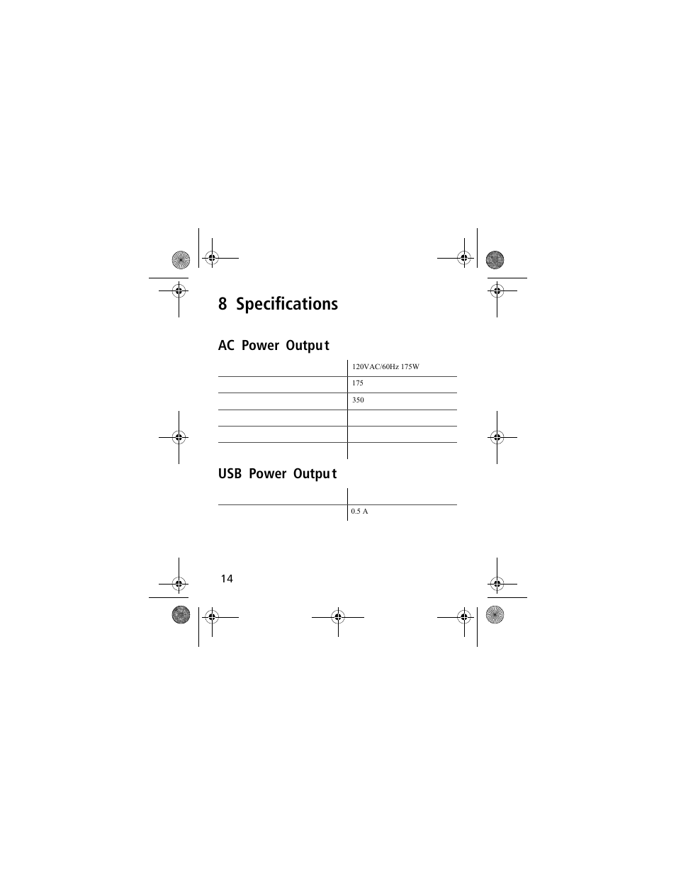 8 specifications, Ac power output usb power output | Power Bright XR175-12 User Manual | Page 16 / 23