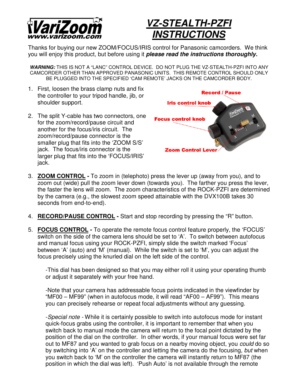 VariZoom VZSTEALTHPZFI User Manual | 2 pages