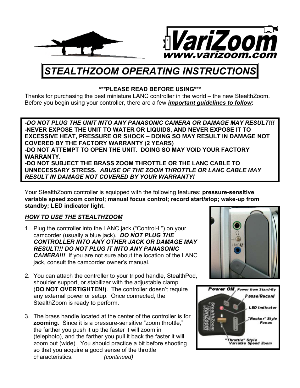 VariZoom VZSTEALTH User Manual | 2 pages