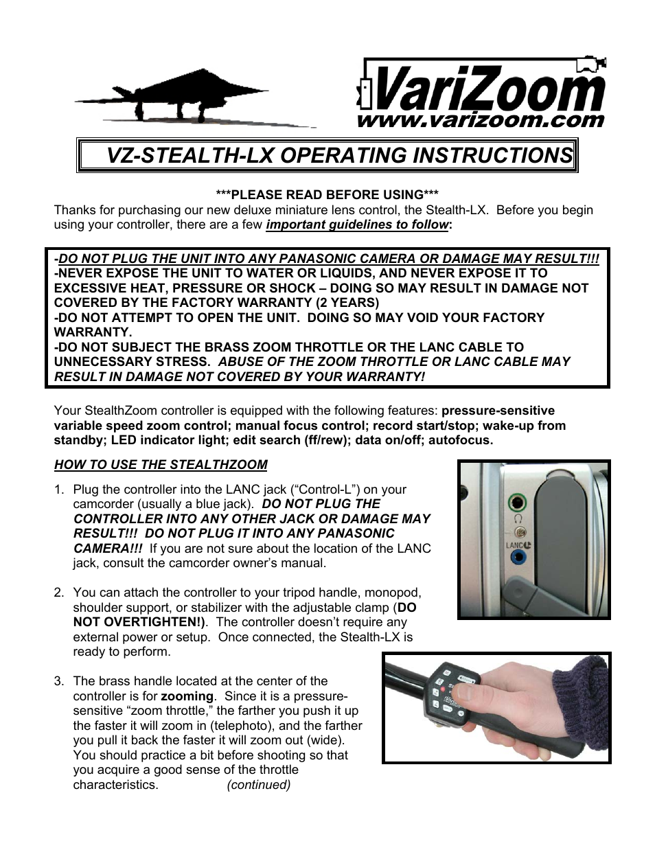 VariZoom VZSTEALTHLX User Manual | 2 pages